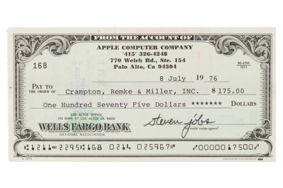 A $175 check from Apple Computer Company signed by Steve Jobs sold at auction for over $100,000