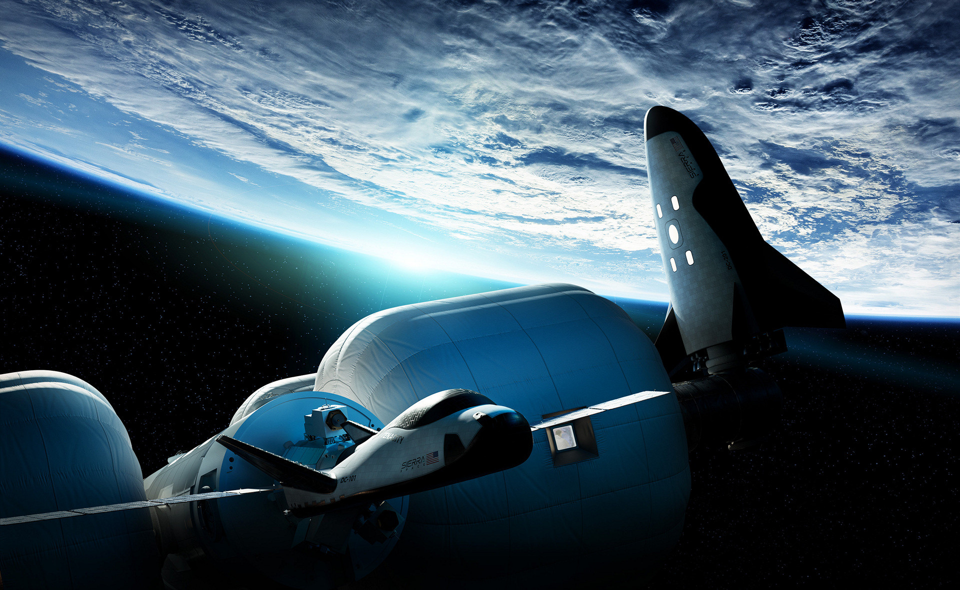 Dream Chaser DC-100 та Dream Chaser DC-200 біля орбітальної станції Orbital Reef в уявленні художника