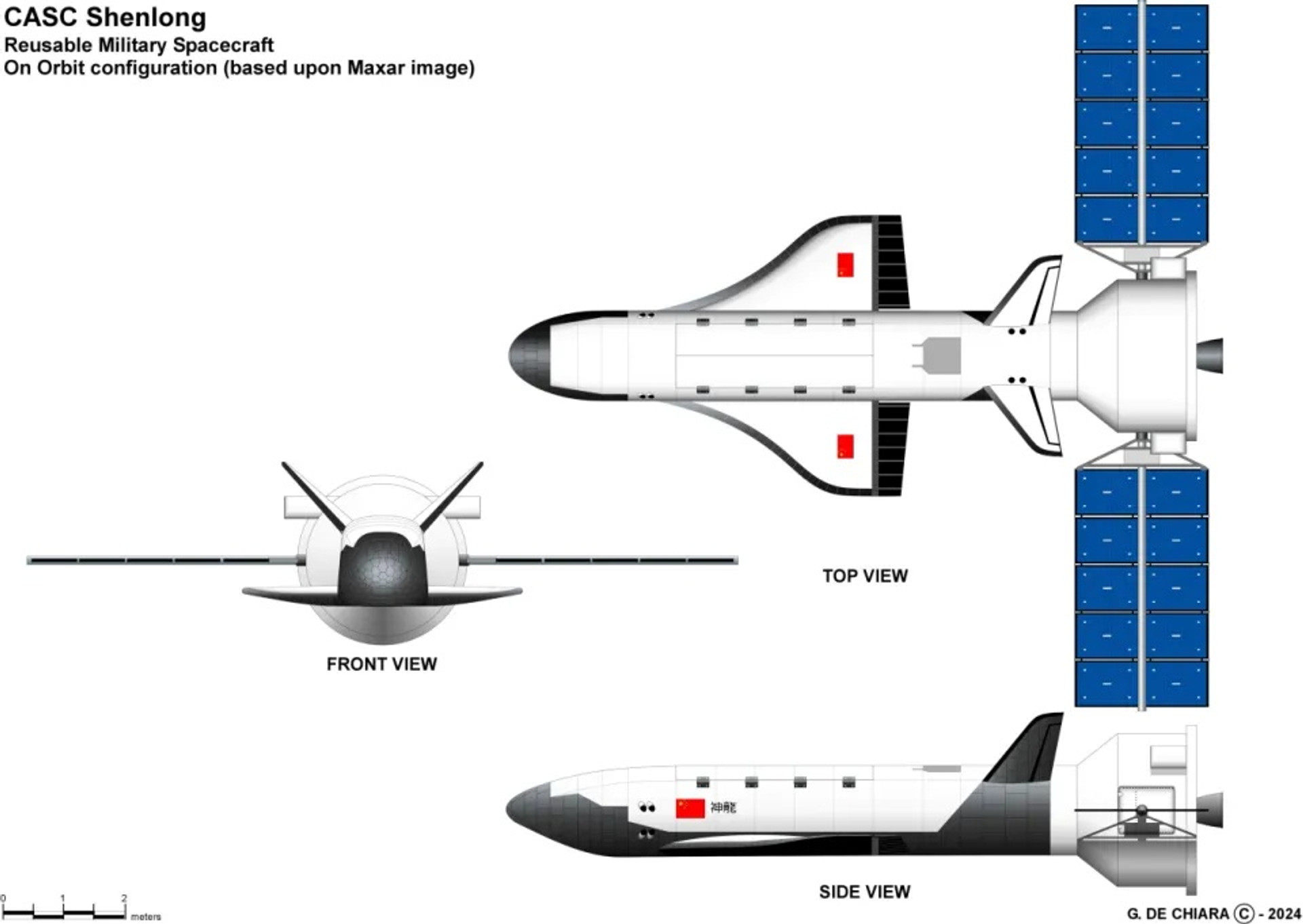 Можливий зовнішній вигляд корабля Shenlong / Reusable experimental spacecraft. Сервісний відсік з сонячними панелями скоріше за все скидається перед посадкою. Листопад 2024 року
