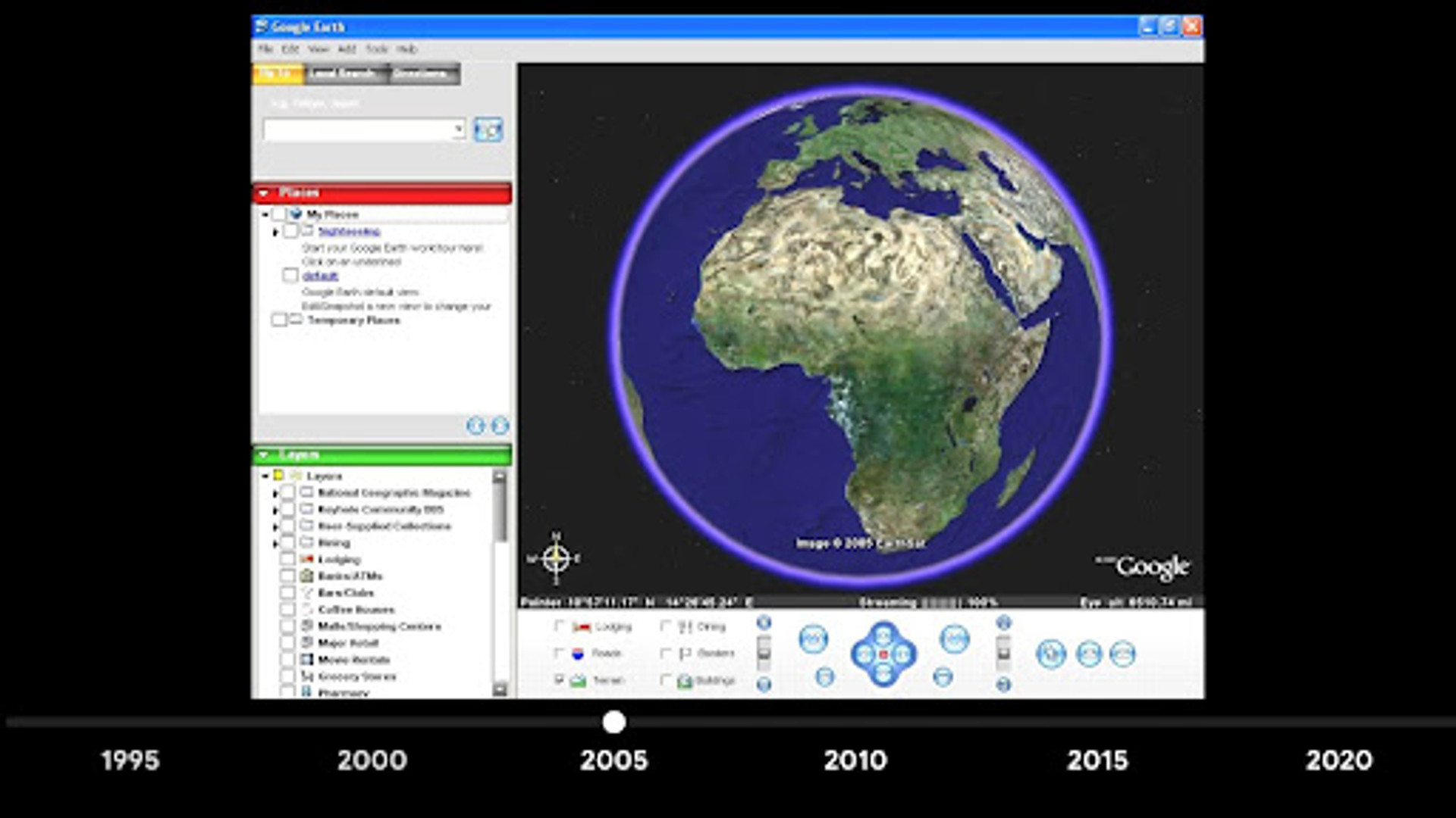 Інтерфейс Google Earth 2005 року