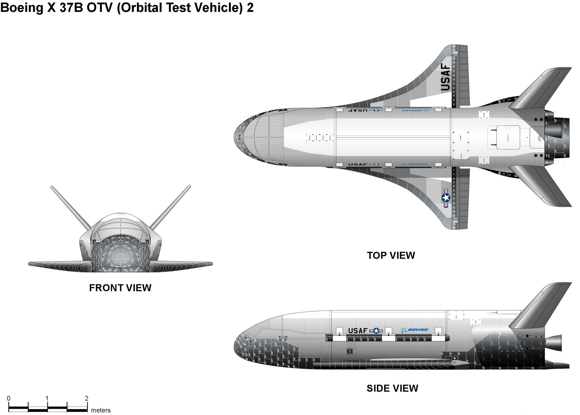 Boeing X-37B in three projections