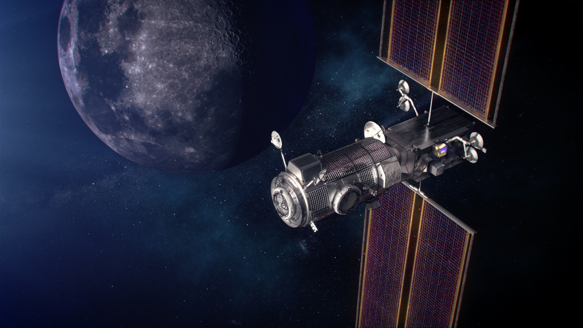 Модулі Power and Propulsion Element (PPE) (праворуч) та Habitation and Logistics Outpost (HALO) (ліворуч) на орбіті Місяця, рендер, 2020 рік