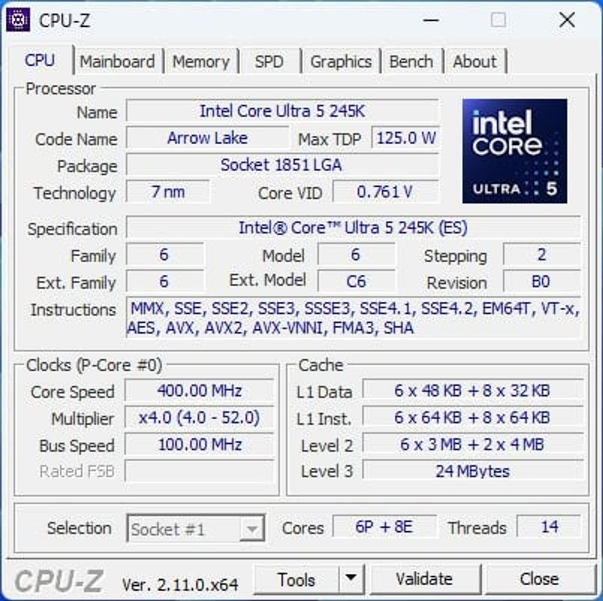 Core Ultra 5 245K CPU-Z info