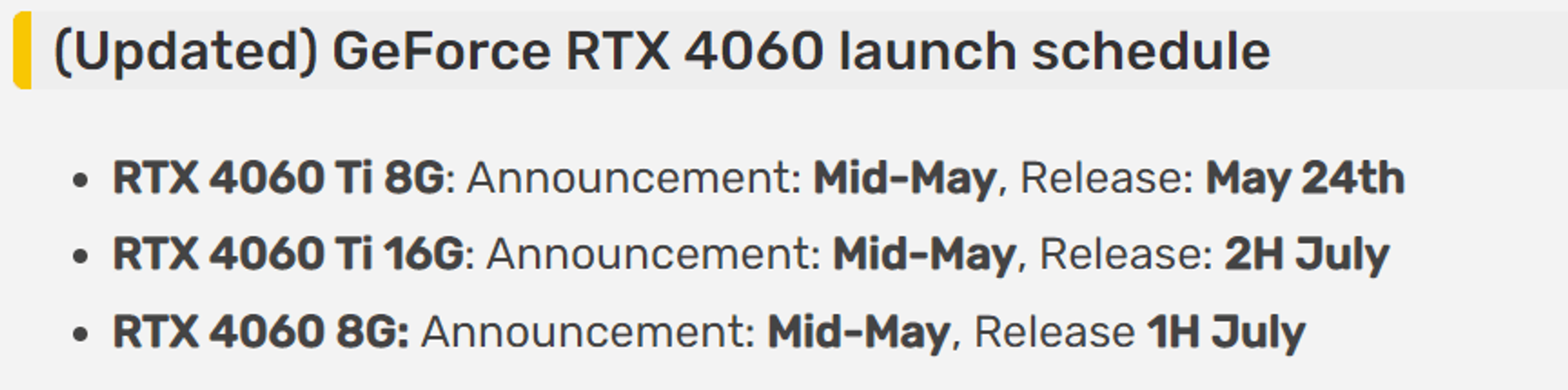 GeForce RTX 4060 Ti launch shedule