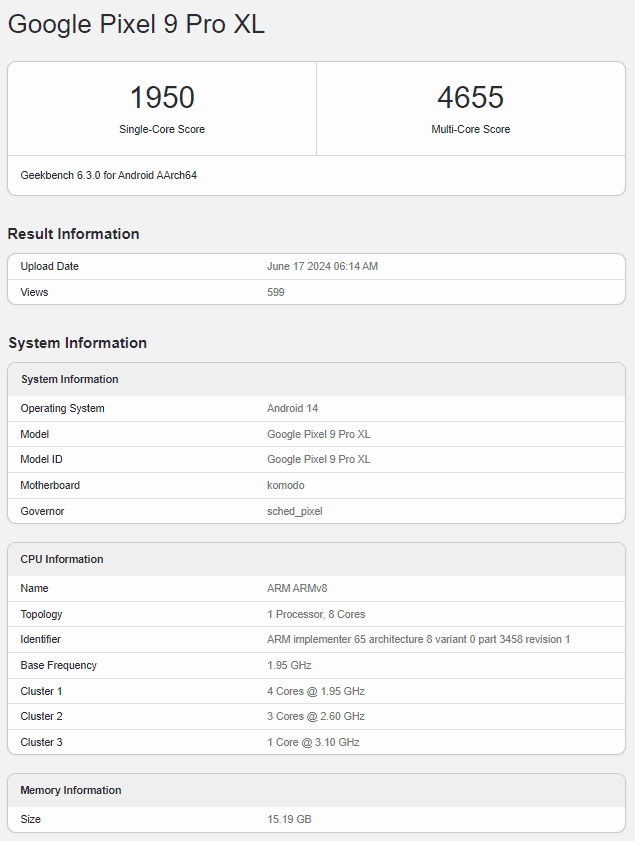 Geekbench benchmark google pixel pro 9 XL