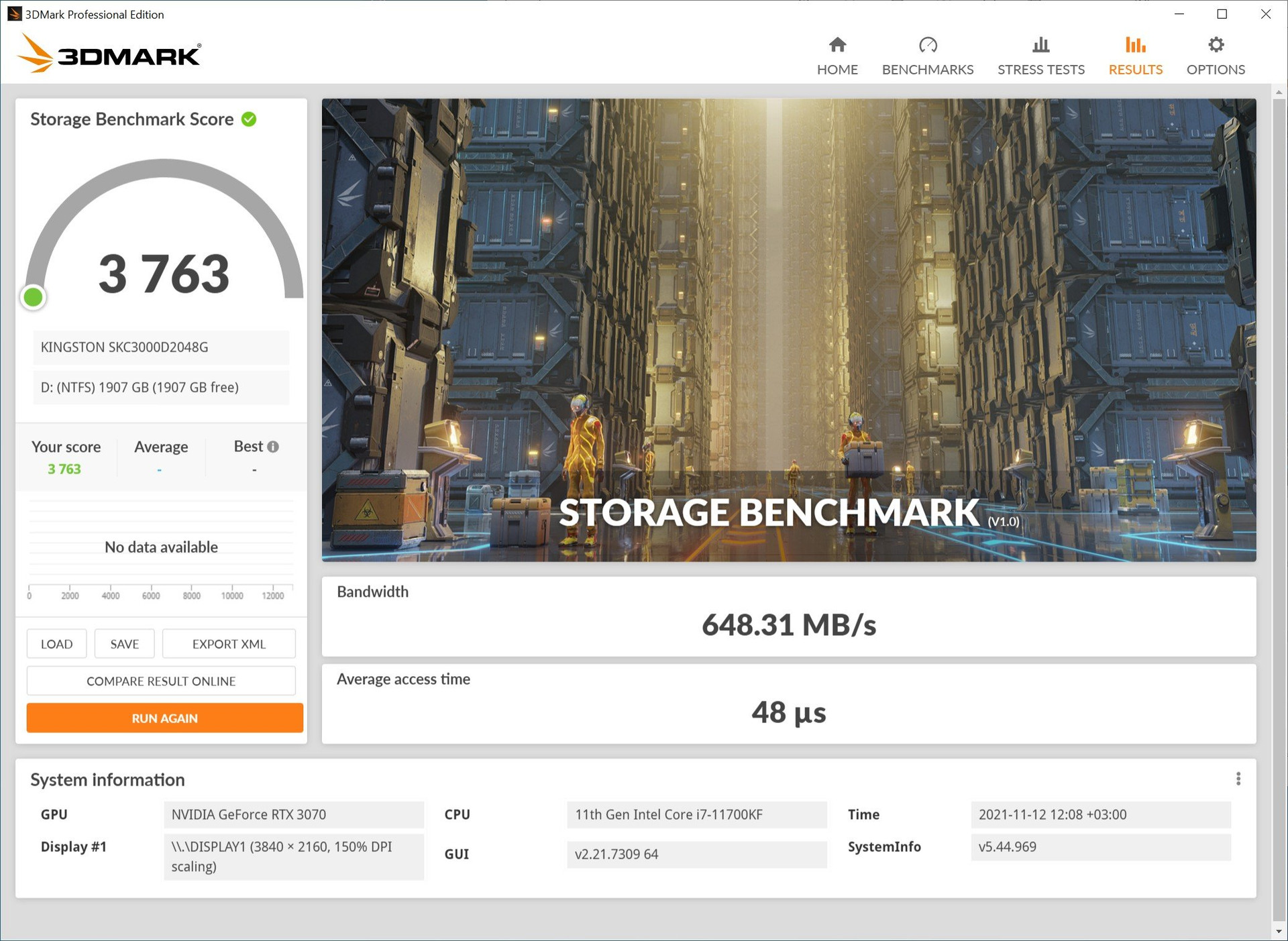 Kingston KC3000 3DMark Storage Benchmark performance