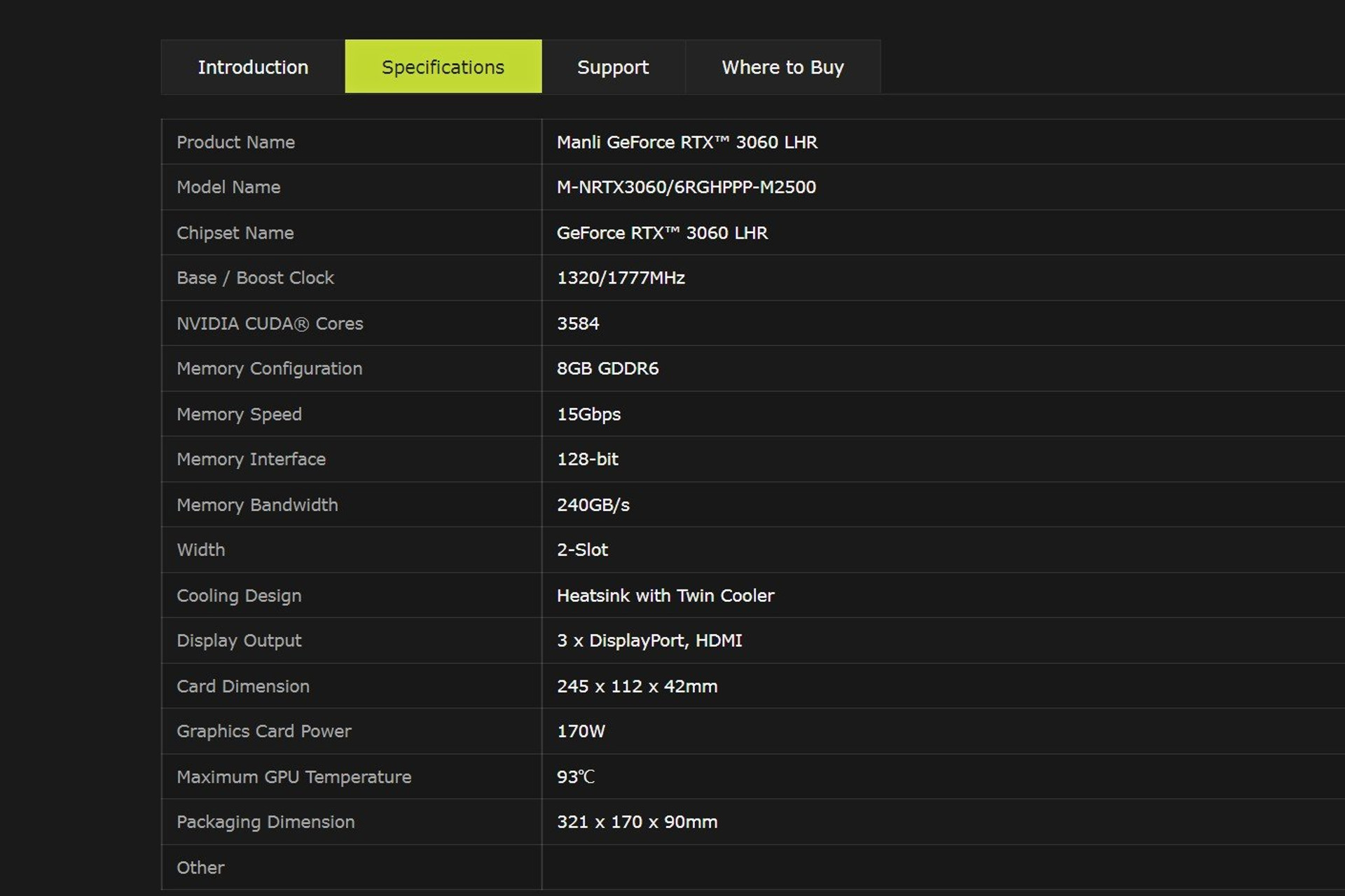 Manli GeForce RTX 3060 8GB specs
