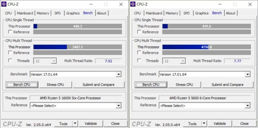 Ryzen 5 5600 vs. Ryzen 5 1600X CPU-Z