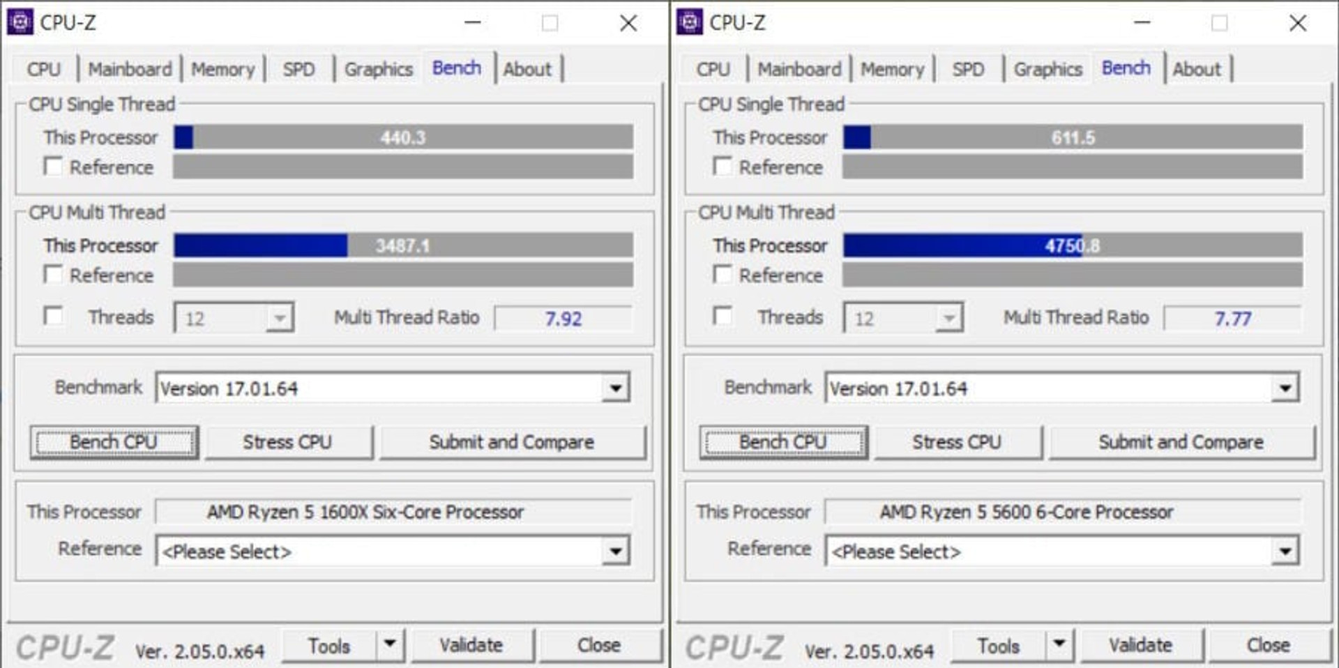 Ryzen 5 5600 vs. Ryzen 5 1600X CPU-Z