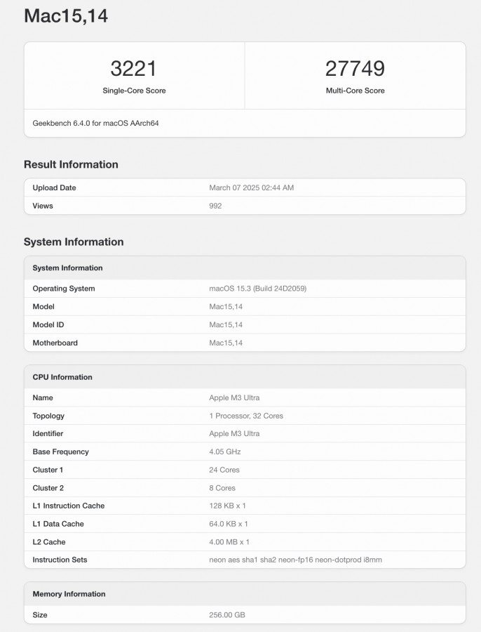 Apple M3 Ultra chip tested in Geekbench 6 • Mezha.Media