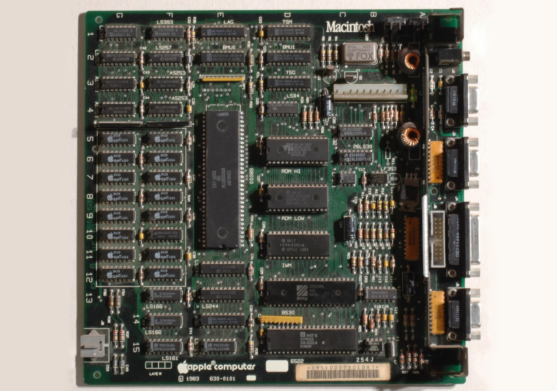 The motherboard of the original Macintosh computer.