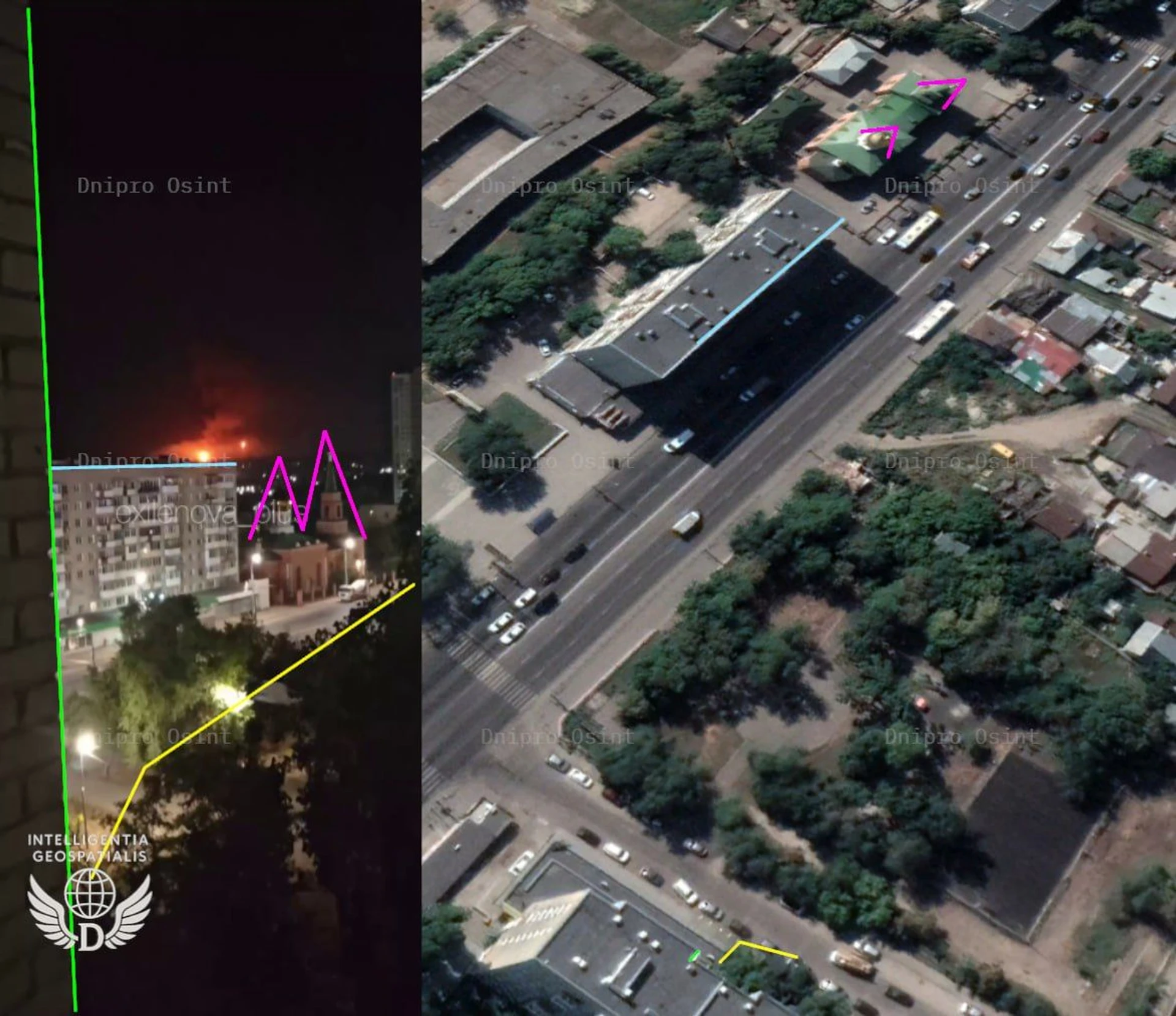 Фото прильоту та фактичне місце ураження під час атаки на Саратовський НПЗ / Dnipro OSINT