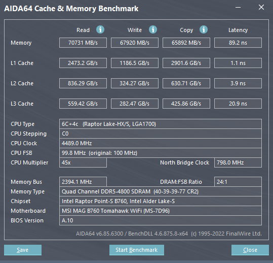 AIDA64 memory test (DDR5-4800)