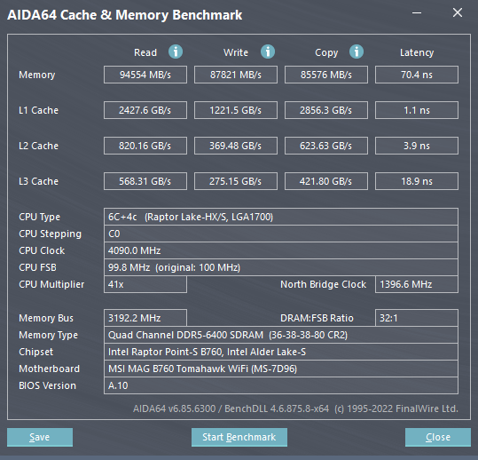 AIDA64 memory test (DDR5-6400)