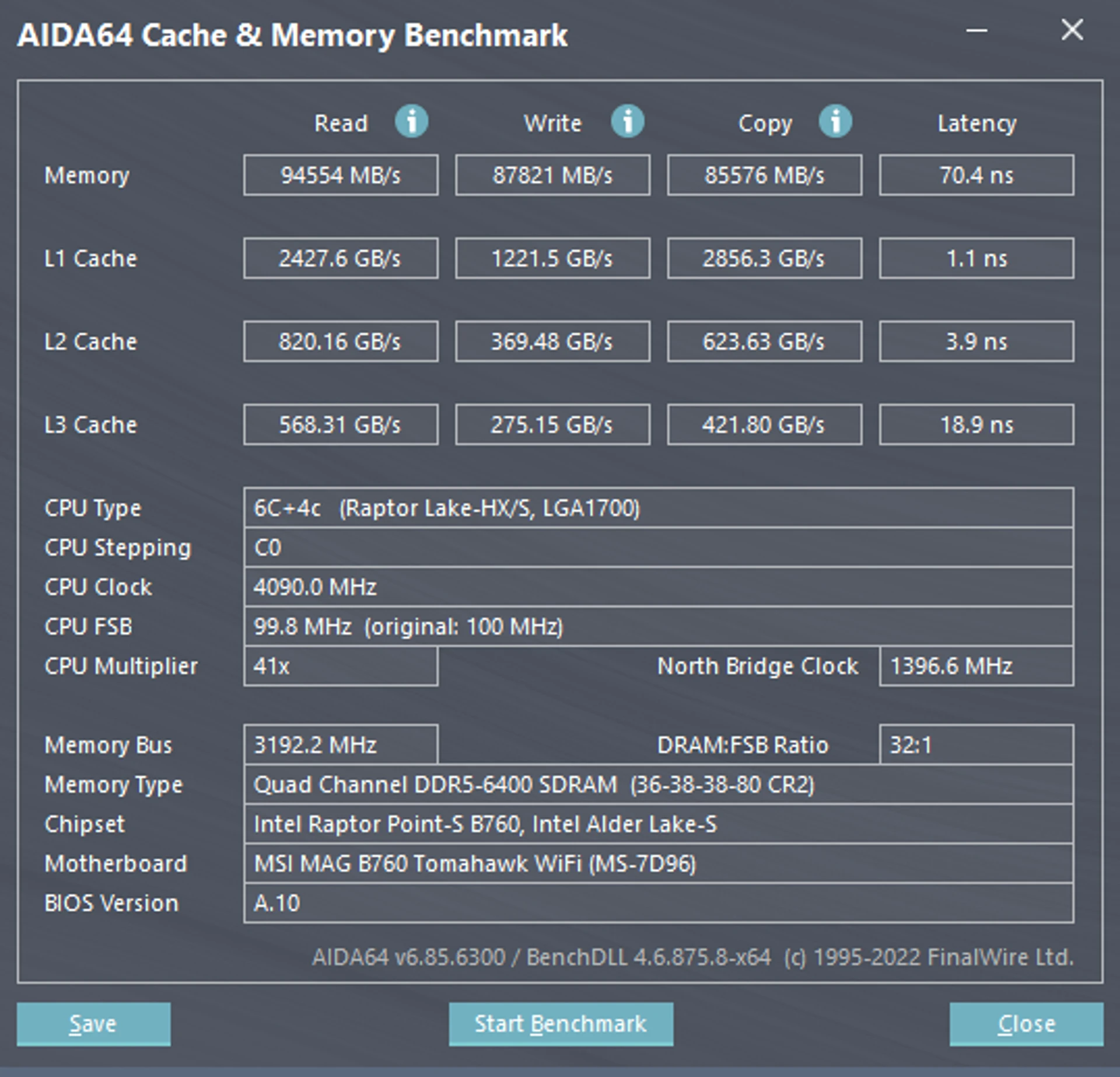 AIDA64 memory test (DDR5-6400)