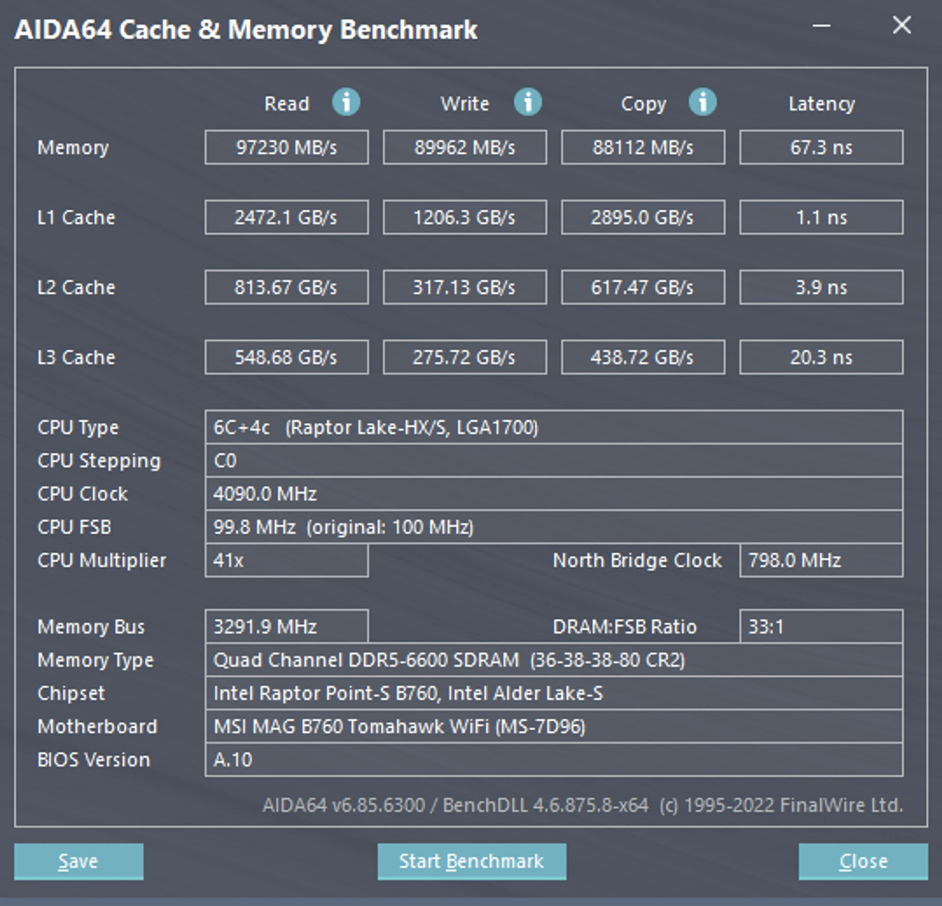 AIDA64 memory test (DDR5-6600)