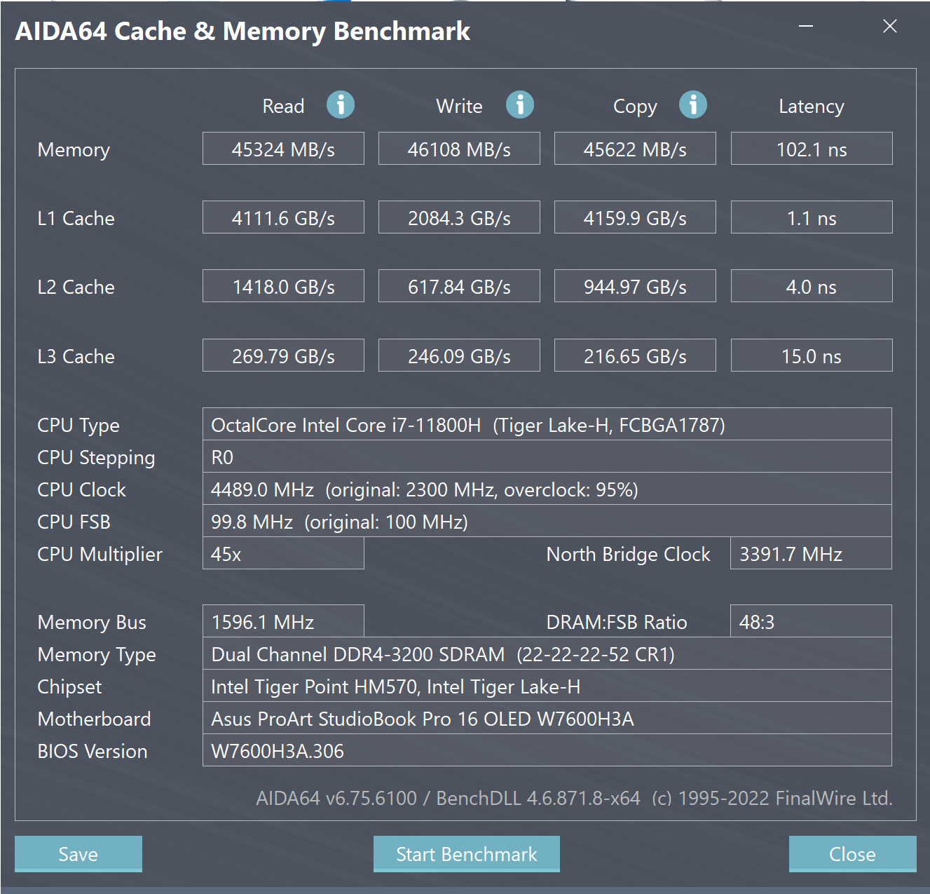 ASUS ProArt Studiobook Pro 16 OLED aida-memory