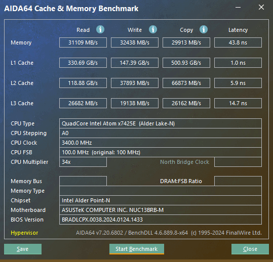 ASUS NUC 13 Rugged AIDA64 memory test