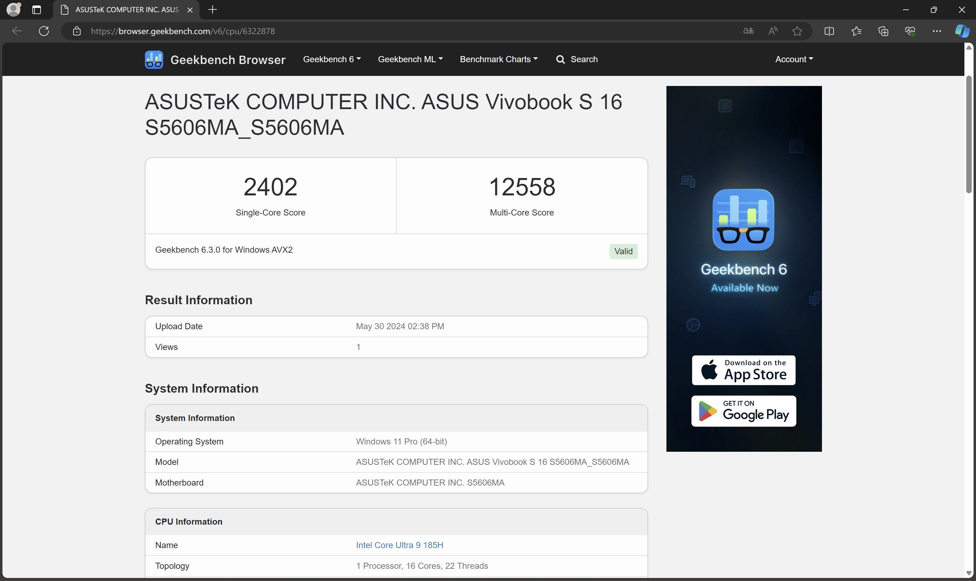 ASUS Vivobook S 16 OLED GeekBench 1_1