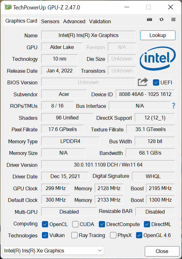 Acer Swift 3 SF314-512 gpu-z