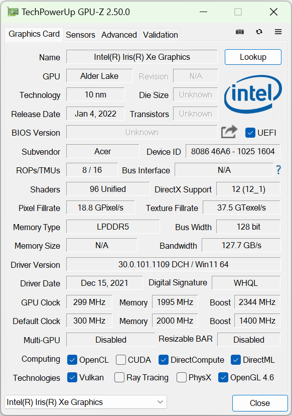 Acer Swift 5 SF514-56T gpu-z