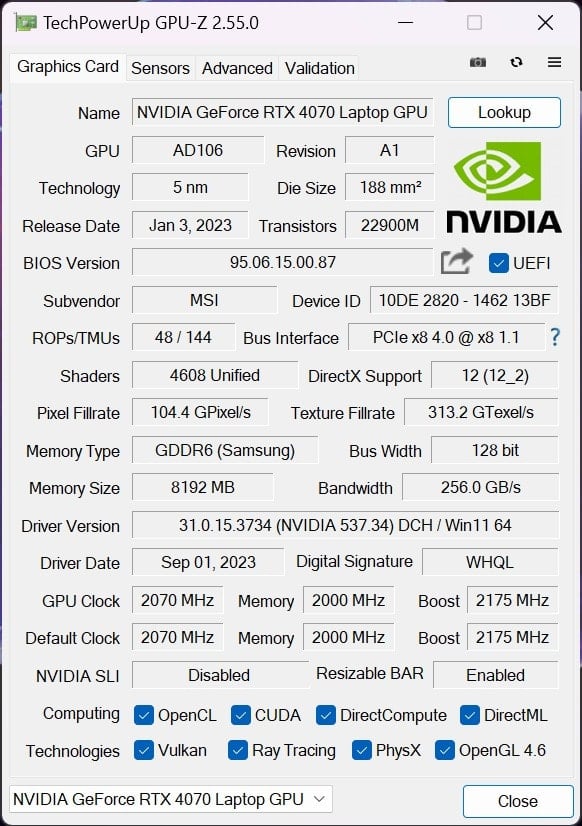 MSI Vector GP77 13VG gpu-z 1_1