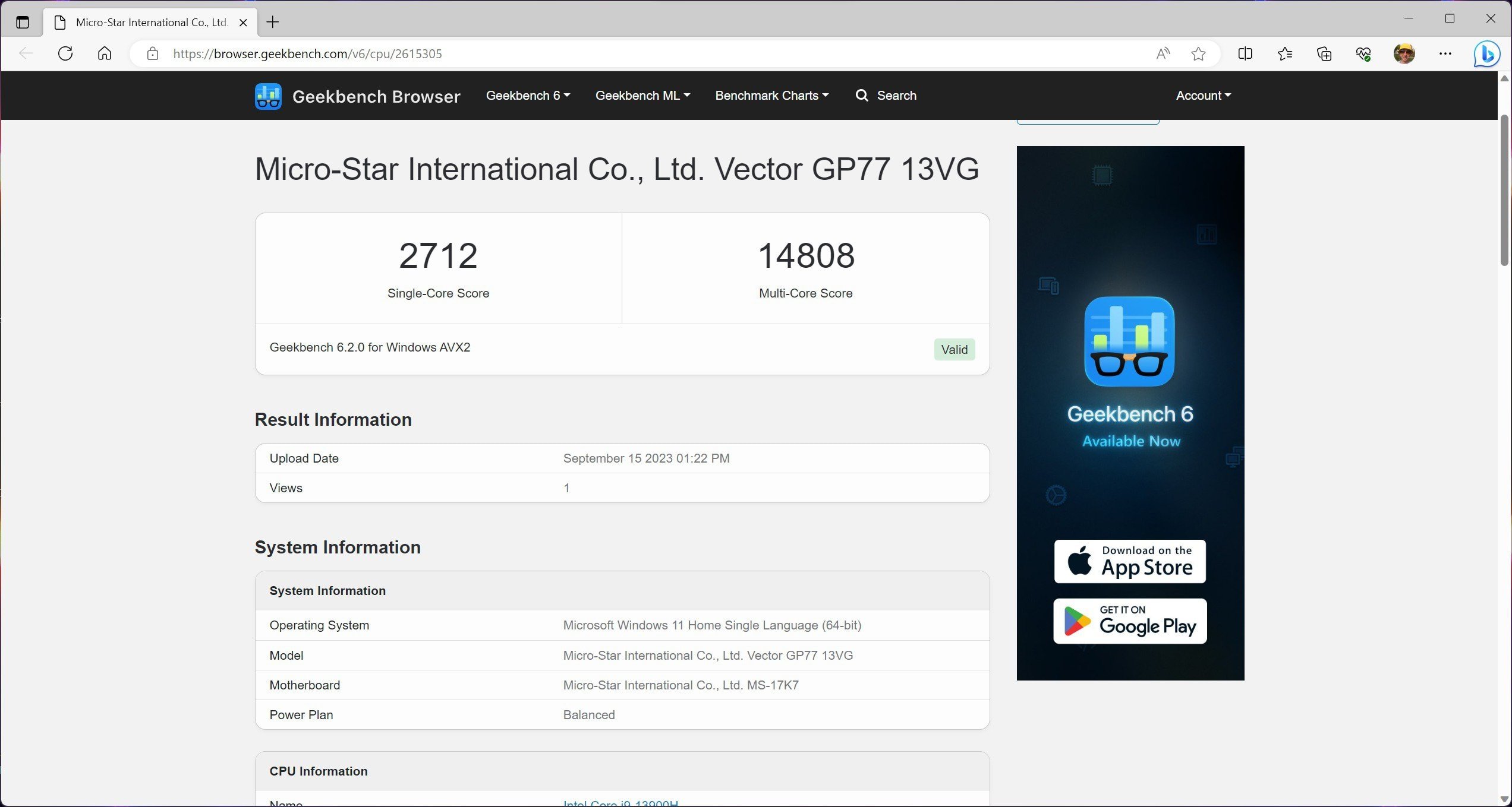 MSI Vector GP77 13VG geekbench 1_1