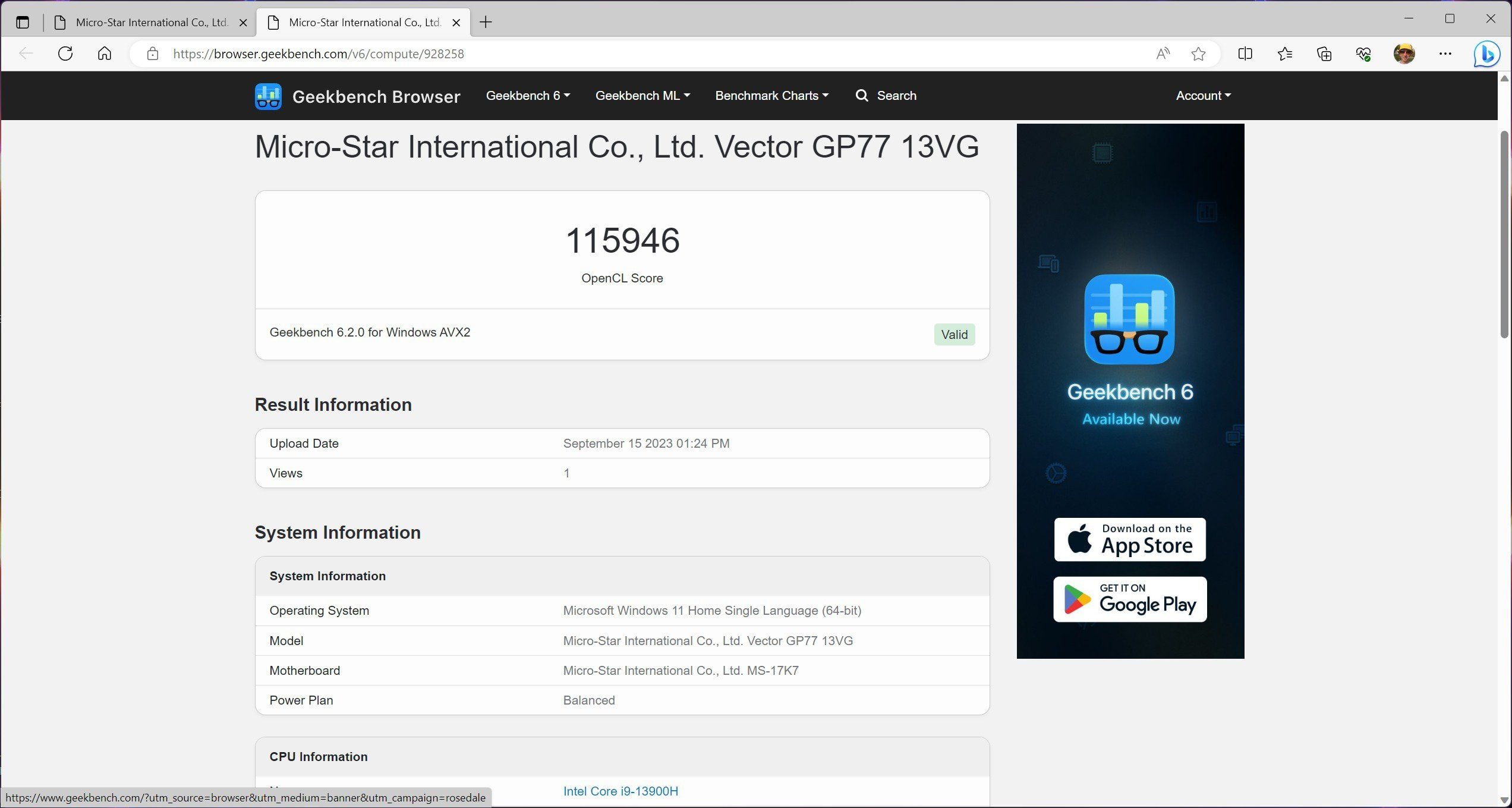 MSI Vector GP77 13VG geekbench 2_1