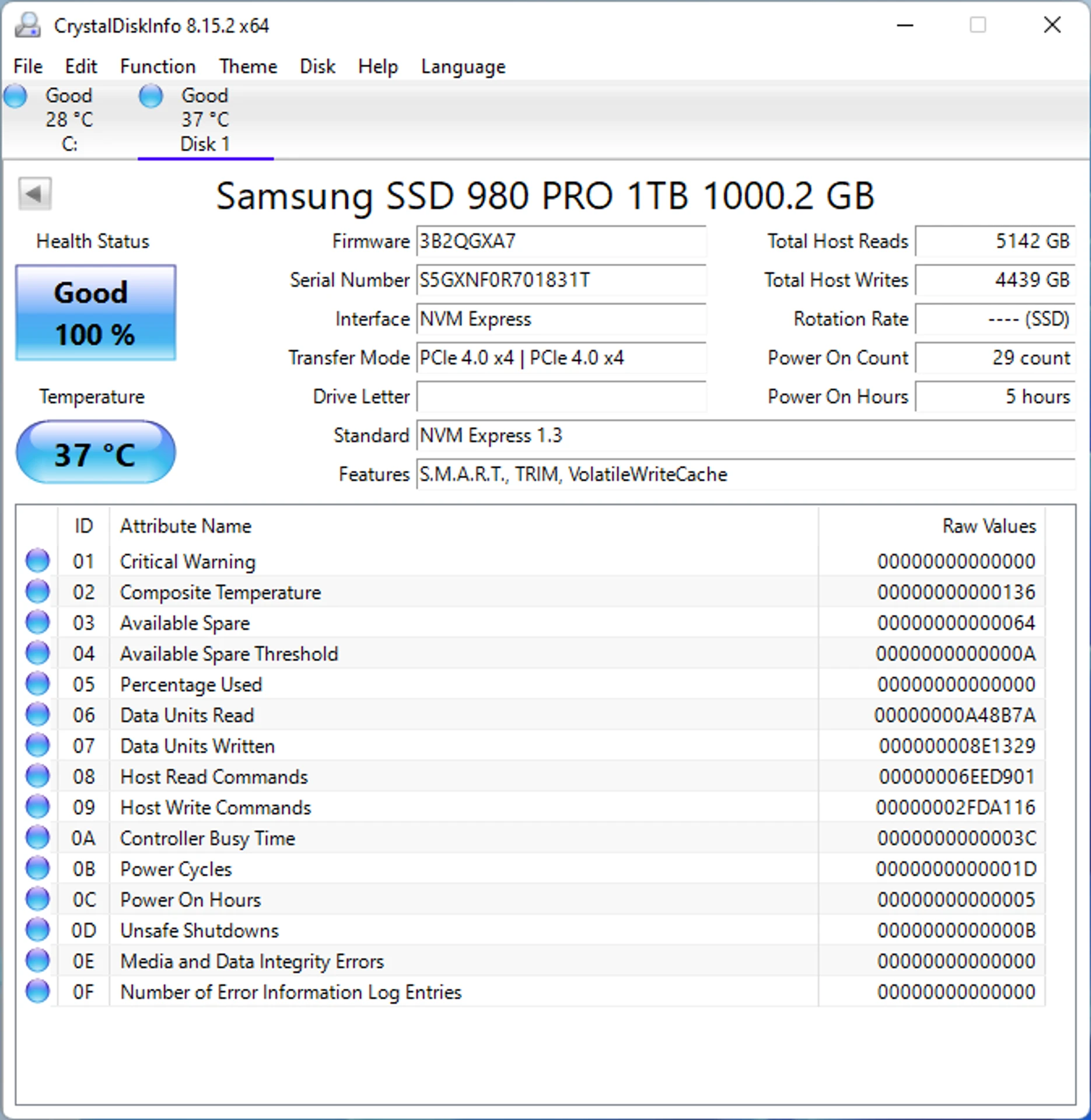 Samsung SSD 980 Pro crystaldiskinfo_idle