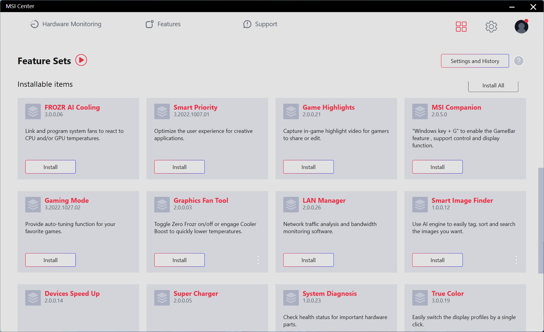 msi center feature sets 1