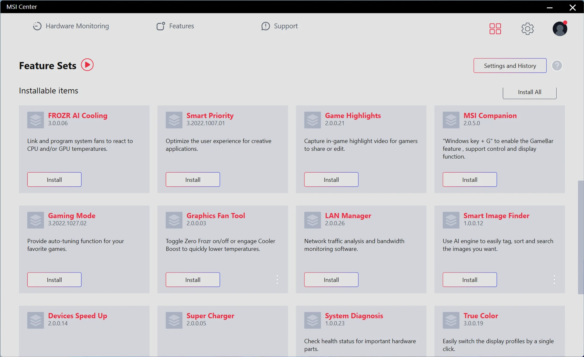 msi center feature sets 1